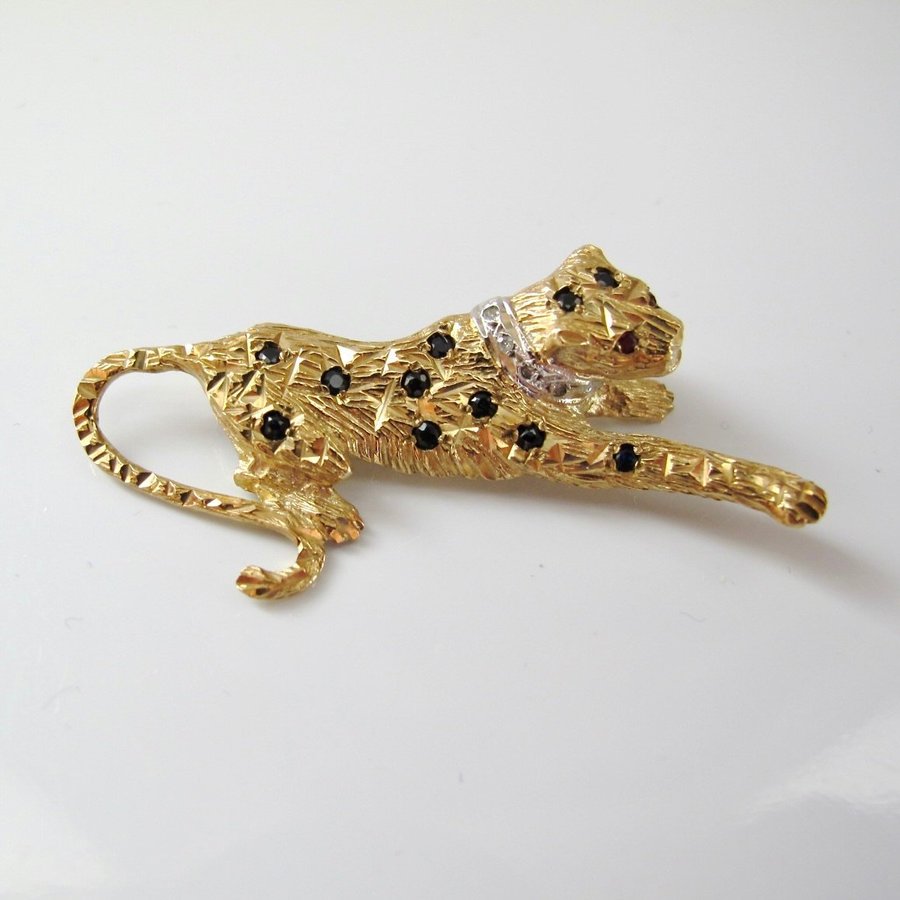 Vintage brosch 9k gult guld - leopard fylld med safirer rubiner och diamanter