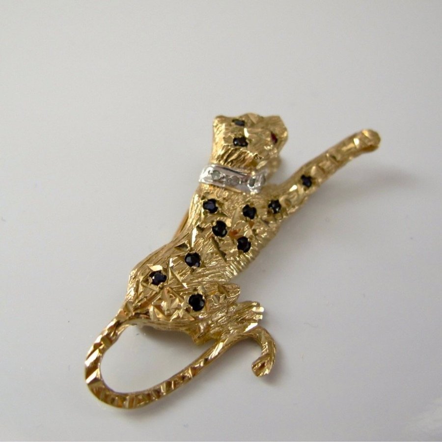 Vintage brosch 9k gult guld - leopard fylld med safirer rubiner och diamanter