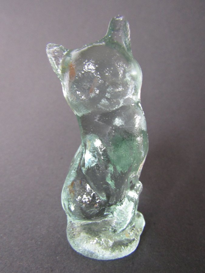 Vintage grön glas katt glasdjur djur Ture Berglund Skansen Glasbruk 8x3cm SWEDEN