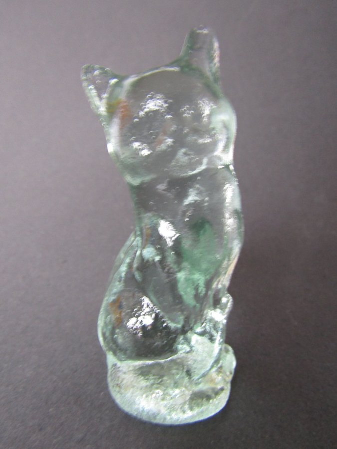 Vintage grön glas katt glasdjur djur Ture Berglund Skansen Glasbruk 8x3cm SWEDEN