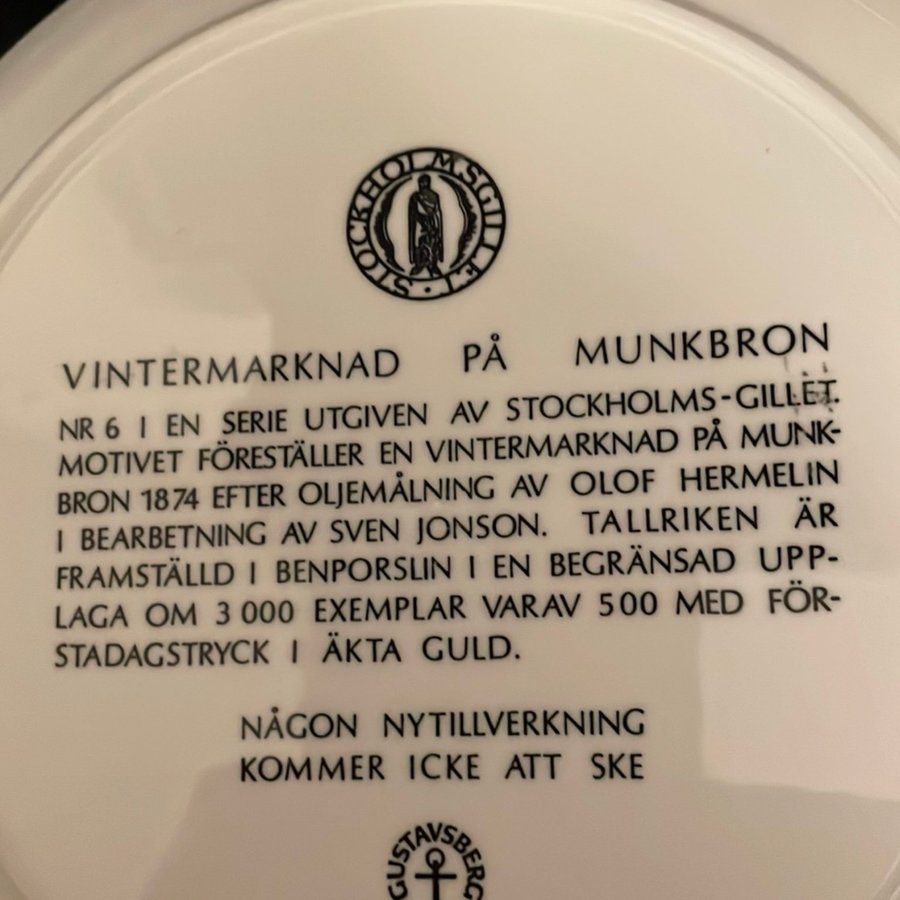 Tallrik julen 1978 vintermarknad från munkbron 1874 Gustavsberg