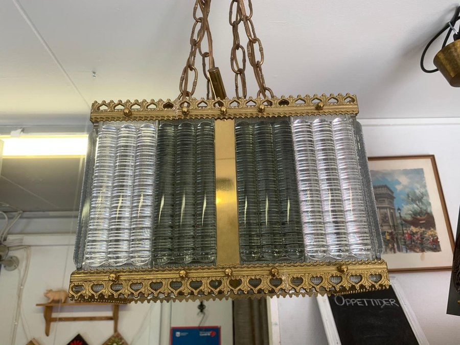 Vintage/Antik Konstglas Lampa med Mässing Ram Udda Lampa
