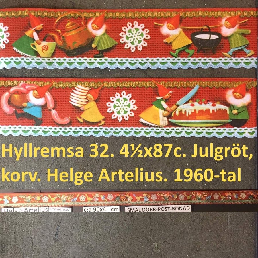 Hyllremsa 32j. ARTELIUS: Julgröt, tårta, kaffe,korv.1960t.Pappersbonad.4x87