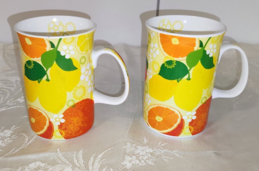 Ljust färgad citrusfrukt två muggar vintage fin porslinsmugg Rayware