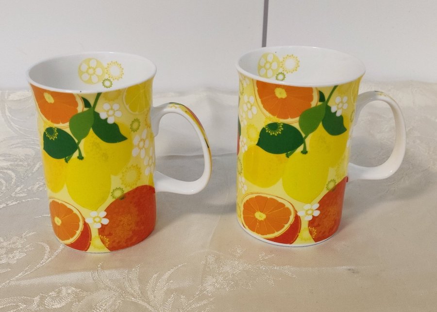 Ljust färgad citrusfrukt två muggar vintage fin porslinsmugg Rayware