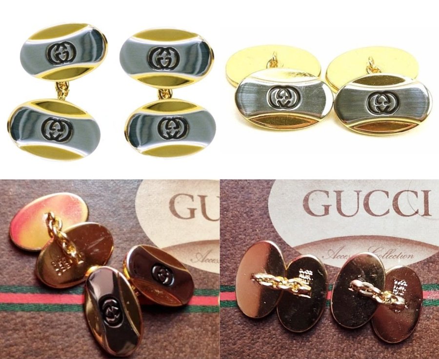 Gucci Chain Link Cufflinks Gold/Silver Gg Logo Vintage 70s Original Box