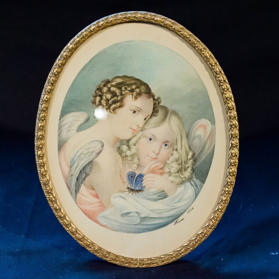 Akvarell Anna 1844 änglar epmire ram i förgylld mässing/brons