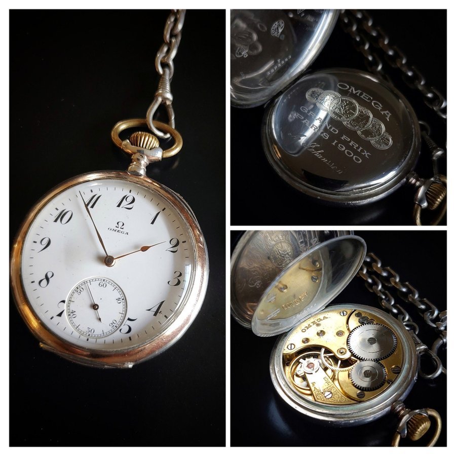 OMEGA SOLID SILVER POCKET WATCH + SILVER CHAIN - GRAND PRIX PARIS 1900 - 52 MM