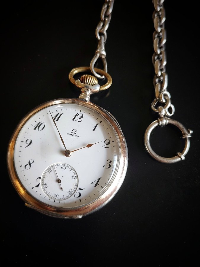 OMEGA SOLID SILVER POCKET WATCH + SILVER CHAIN - GRAND PRIX PARIS 1900 - 52 MM