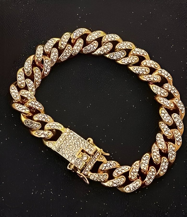 Lyxig 18K Tjockt Guld Armband Med Strass 20cm 13mm | 18 K Guldpläterad Kedja