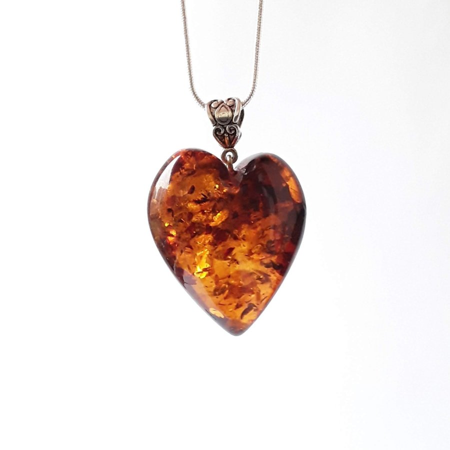 Baltic amber heart pendant necklace Brown gemstone heart pendant on silver chain