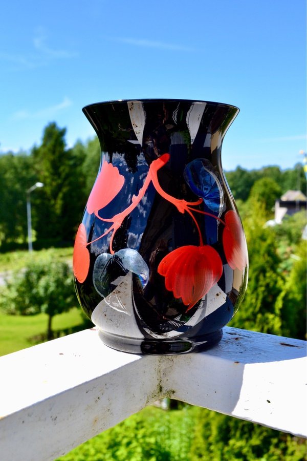 ÅFORS glasbruk - ART DECO VAS svart glas, handmålad dekor KARL DIESSNER, ANTIK