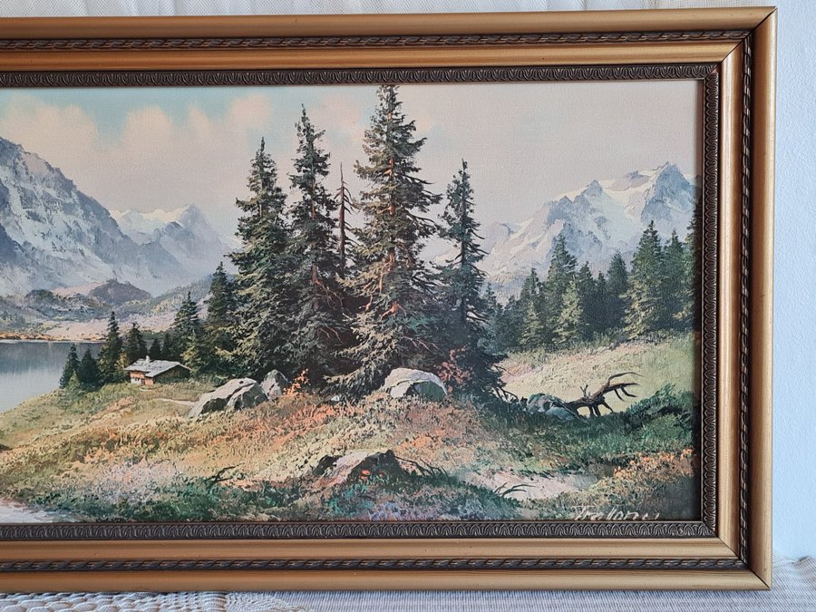 VTG TAVLA ALPLANDSKAP BERGSLANDSKAP INRAMAT TRYCK PÅ PANNÅ SIGNERAD 33.5x99 cm