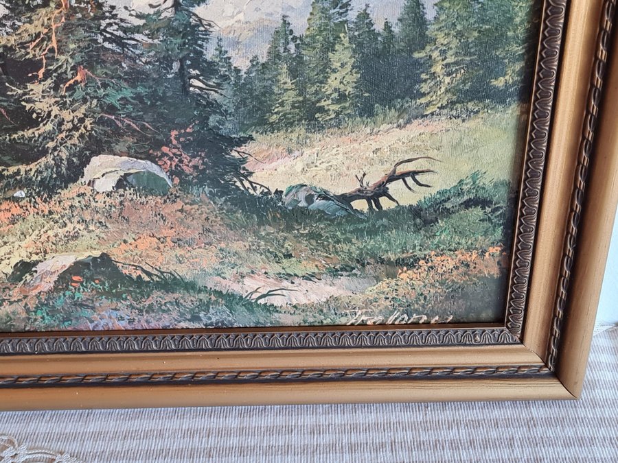 VTG TAVLA ALPLANDSKAP BERGSLANDSKAP INRAMAT TRYCK PÅ PANNÅ SIGNERAD 33.5x99 cm