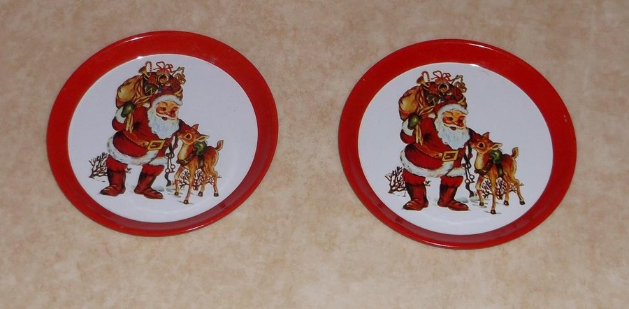 2 Coasters jultomte med säck och ren 1980-tal Flaskunderlägg Glasunderlägg