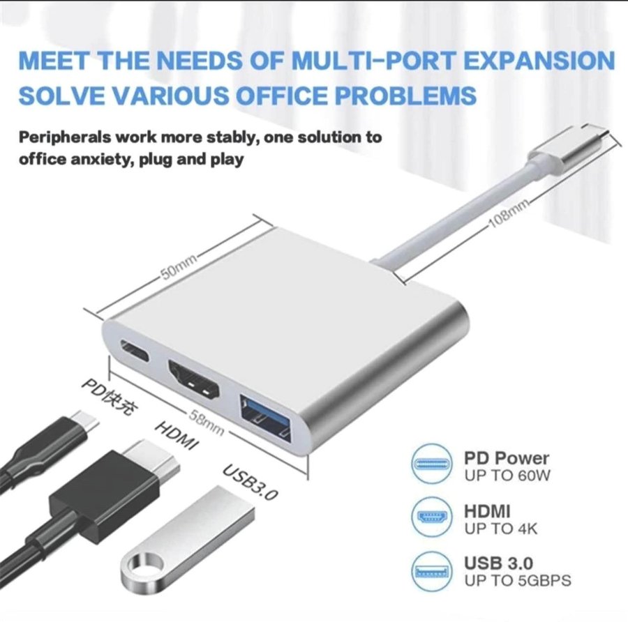 USB-C Hub med HDMI, USB 3.0 och PD-laddning