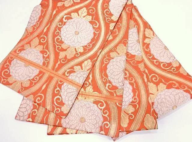 Äkta japansk vintage kimono Fukuro Obi-bältsidenorange guldblommavävhållbar