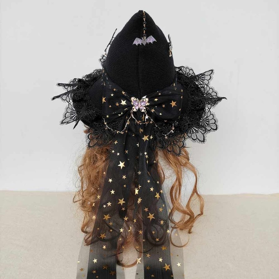 Black wool blend witch hat with bow. Crochet Halloween wizard hat with chain