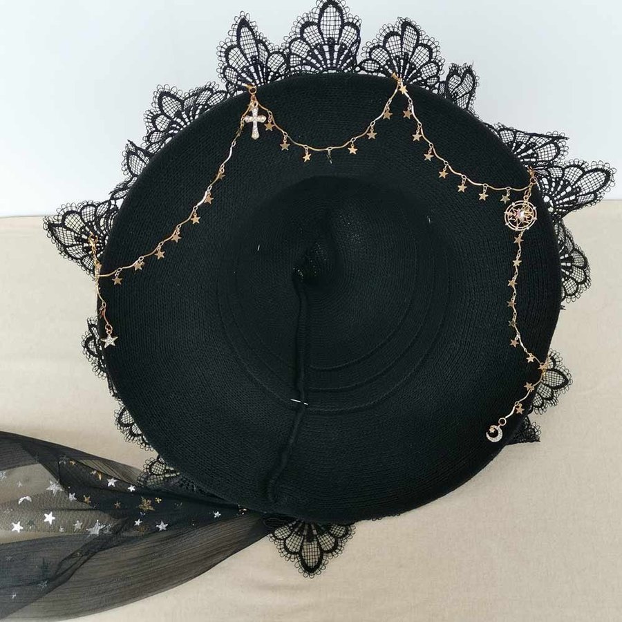 Black wool blend witch hat with bow. Crochet Halloween wizard hat with chain