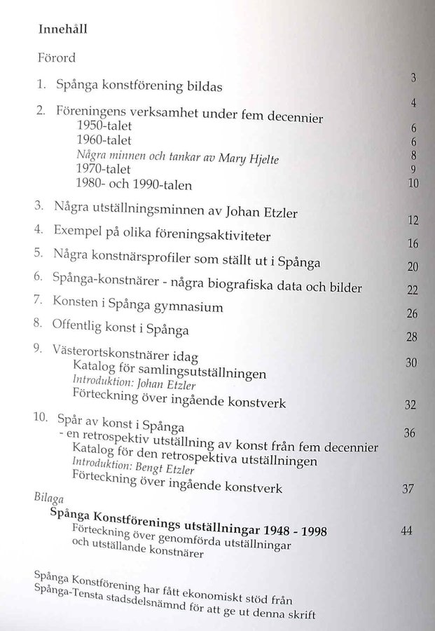 SPÅNGA KONSTFÖRENING 50 ÅR / JUBILEUMSSKRIFT FRÅN 1998