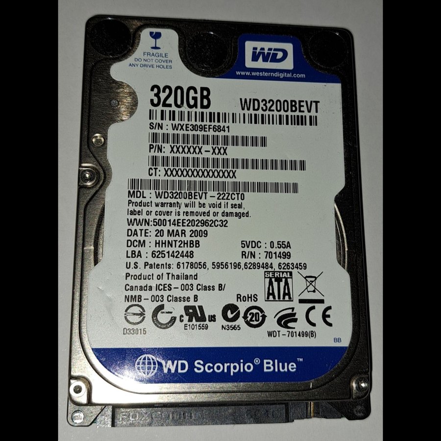 WDC WD3200BEVT-22ZCT0 320GB, 5400 RPM, SATA, 2.5", 9.5mm.