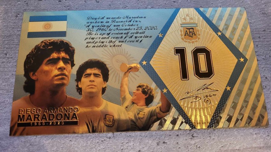 Guldpläterad Sedel Diego Maradona Legend Argentina Världsmästare Fotboll