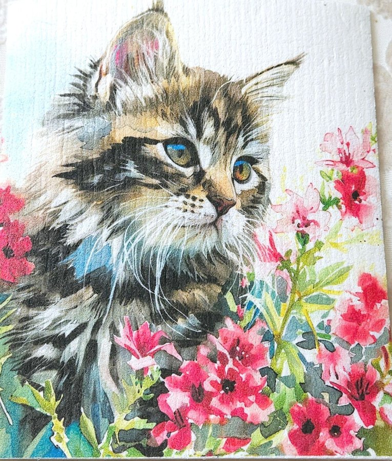 Disktrasa wettex duk med tryck print ursöt fluffig kattunge med blommor