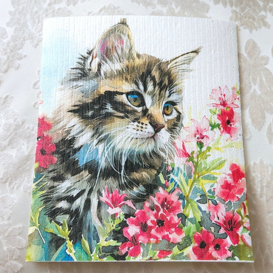 Disktrasa wettex duk med tryck print ursöt fluffig kattunge med blommor