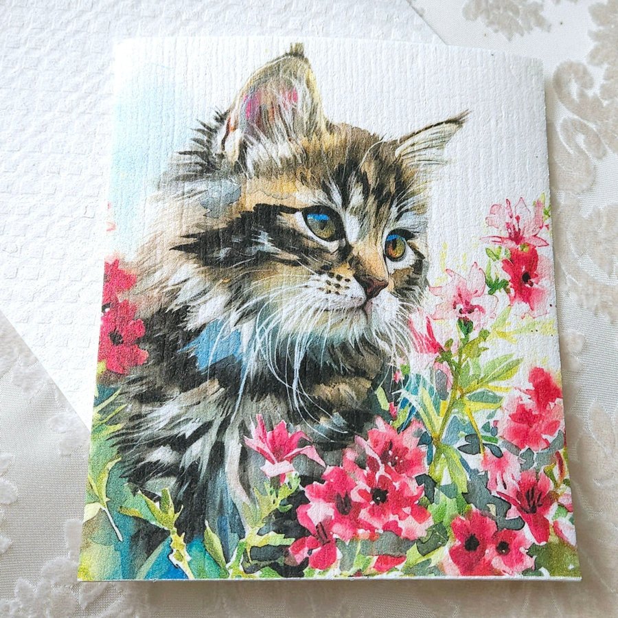 Disktrasa wettex duk med tryck print ursöt fluffig kattunge med blommor