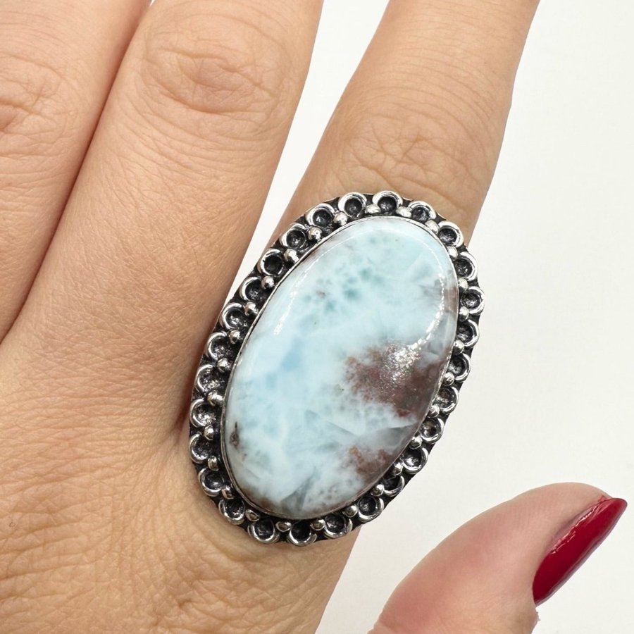 Sten ring, silverpläterad. Larimar Sten. Ädelsten. 925.