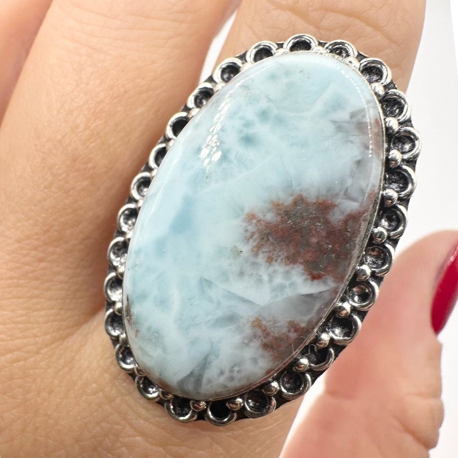 Sten ring, silverpläterad. Larimar Sten. Ädelsten. 925.