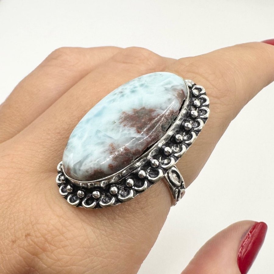 Sten ring, silverpläterad. Larimar Sten. Ädelsten. 925.