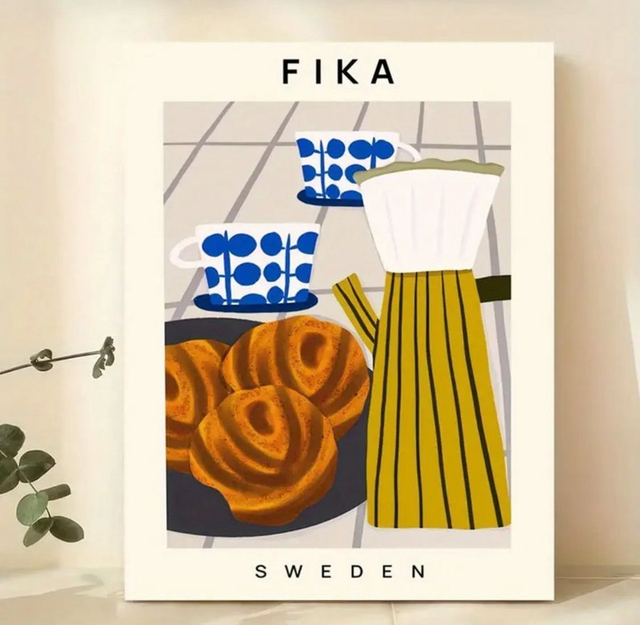 Canvas Poster Fika kaffe kanelbullar Retro Vintage 60x40 cm.