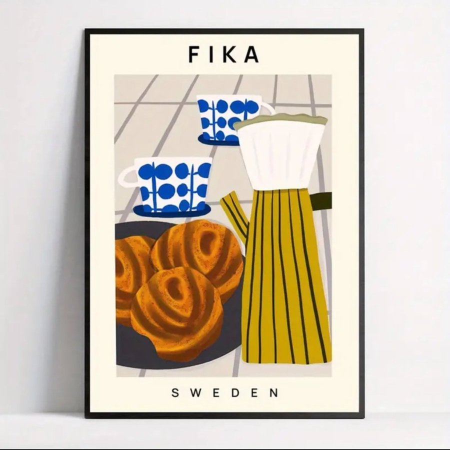 Canvas Poster Fika kaffe kanelbullar Retro Vintage 60x40 cm.