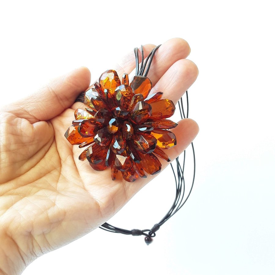 Baltic amber Flower pendant-necklace-brooch Brown gemstone large floral jewelry