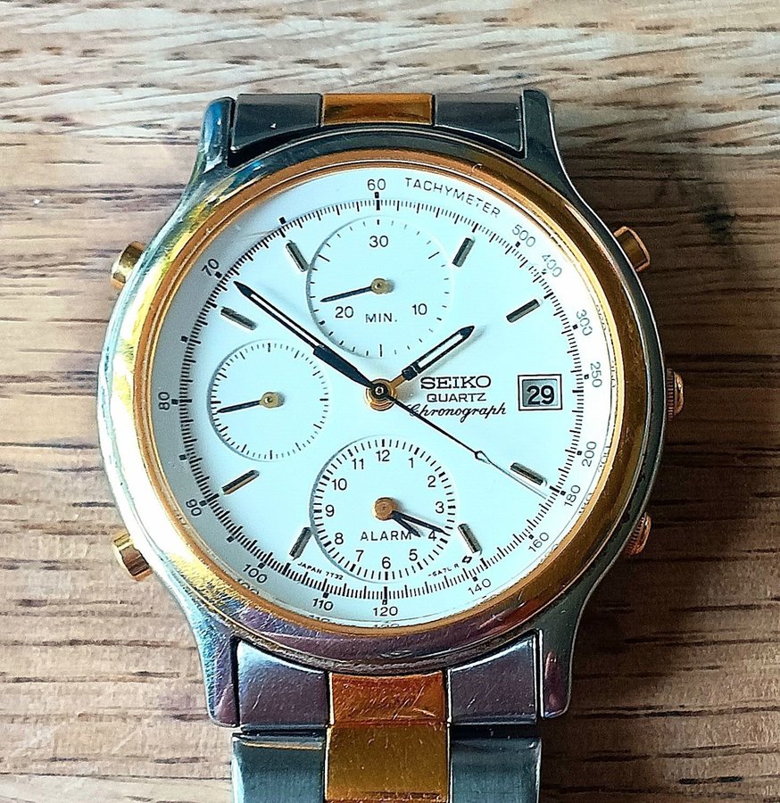 Seiko Quartz Cronograpf 1990-Tal Nytt Batteri 37mm Ø Stålarmband Allt Fungerar!