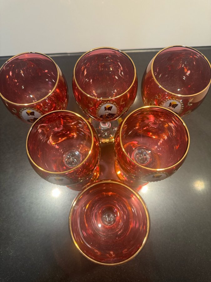 Vintage Naser Al-Din Shah Qajar Persian Czar Red / Gold Red wine Glasses 6st