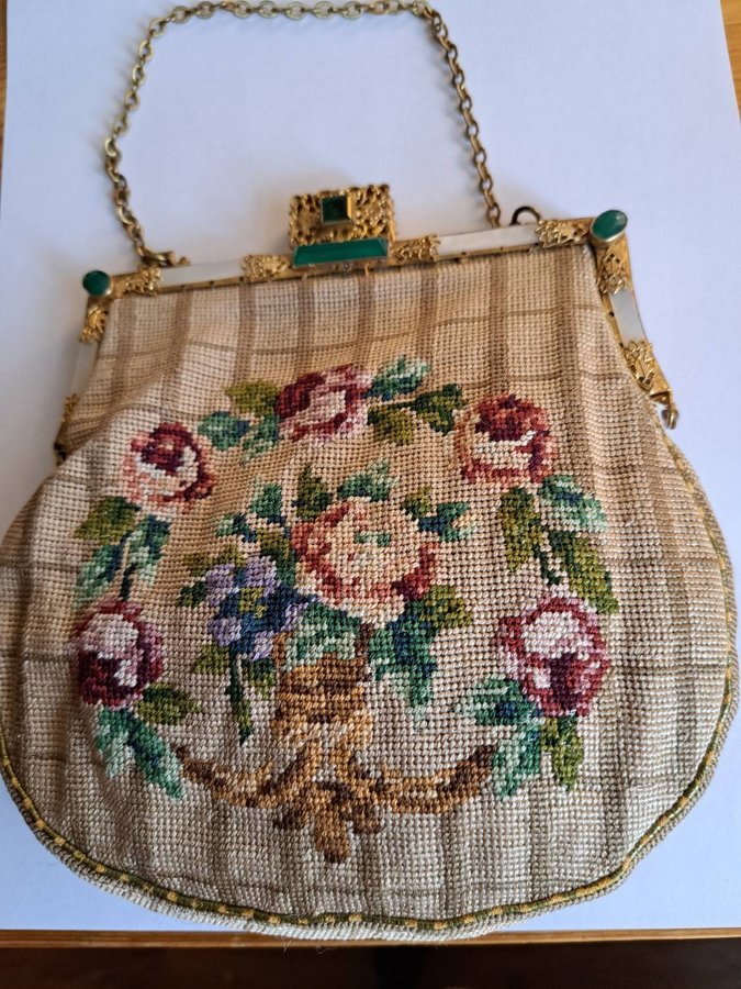 antik väska, vintage, handbroderad handväska