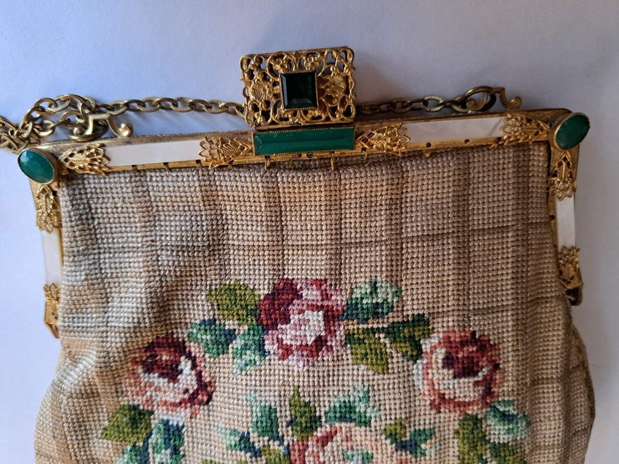 antik väska, vintage, handbroderad handväska