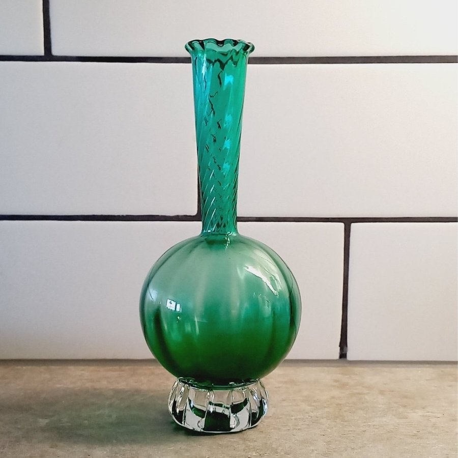 Murano Vas Grönt Glas Klotvas Bollvas Swirl Glasvas Vintage Retro