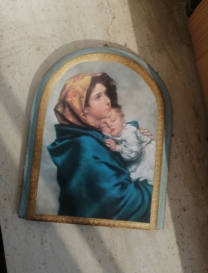 Vintage Ikon Madonna Trä Tavla Retro Heliga Maria Lantlig Antik Boho Religiös