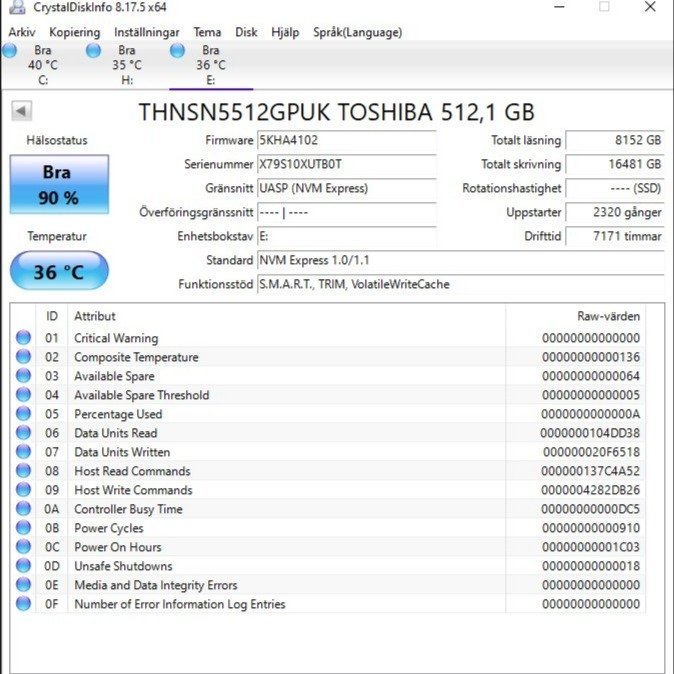 SSD m2  512GB  NVMe  märke: TOSHIBA  formfaktor 2280