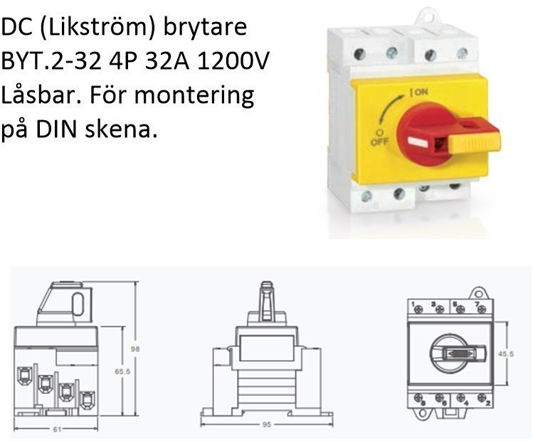 DC (Likström) brytare BYT2-32 4P 32A 1200V Låsbar