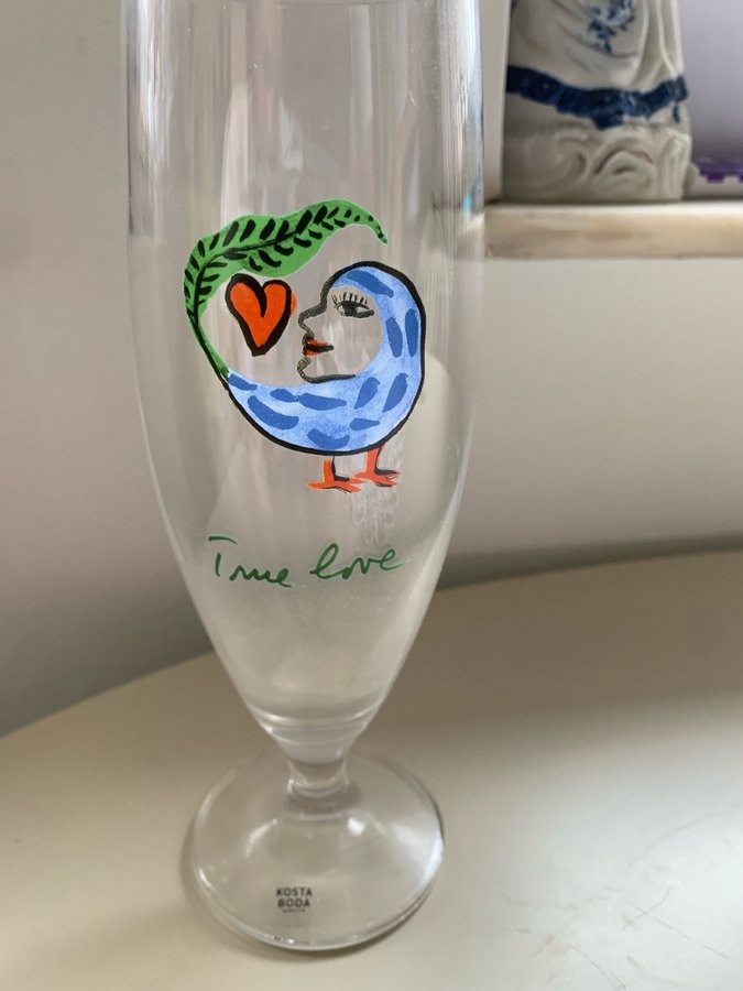 Kosta Boda glas med fågelmotiv