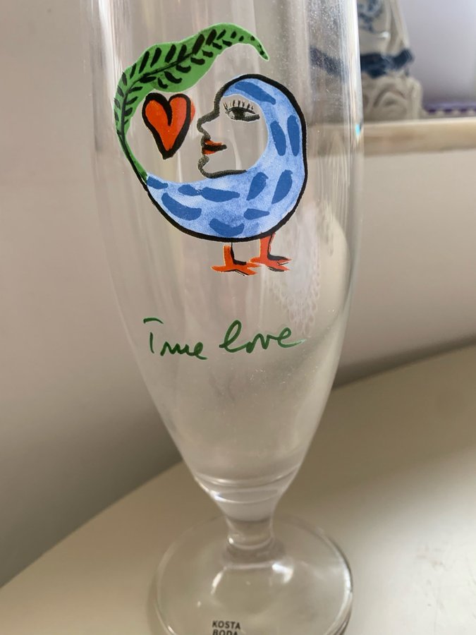 Kosta Boda glas med fågelmotiv