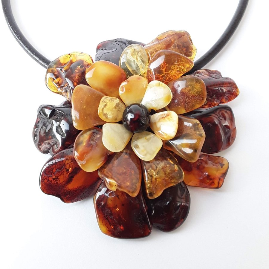 Baltic amber Flower pendant-necklace-brooch Brown gemstone large floral jewelry