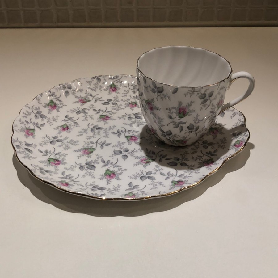 Royal Tuscany Fine Bone China Made in China kopp och fat vit rosenknoppar