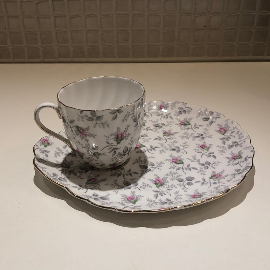 Royal Tuscany Fine Bone China Made in China kopp och fat vit rosenknoppar