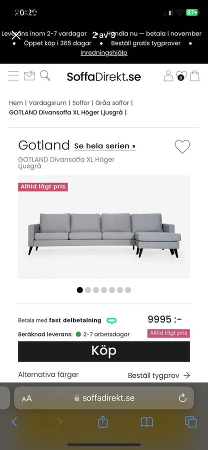 GOTLAND Divansoffa XL Höger Ljusgrå