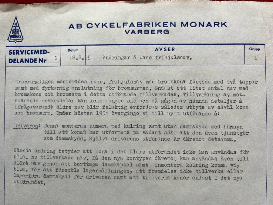 Servicemeddelande Monark 1955. Wano frihjulsnav. Veterancykel.